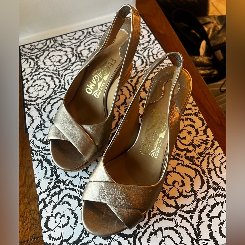 Salvatore Ferragamo Gold Leather Wedge Slingback Sandals